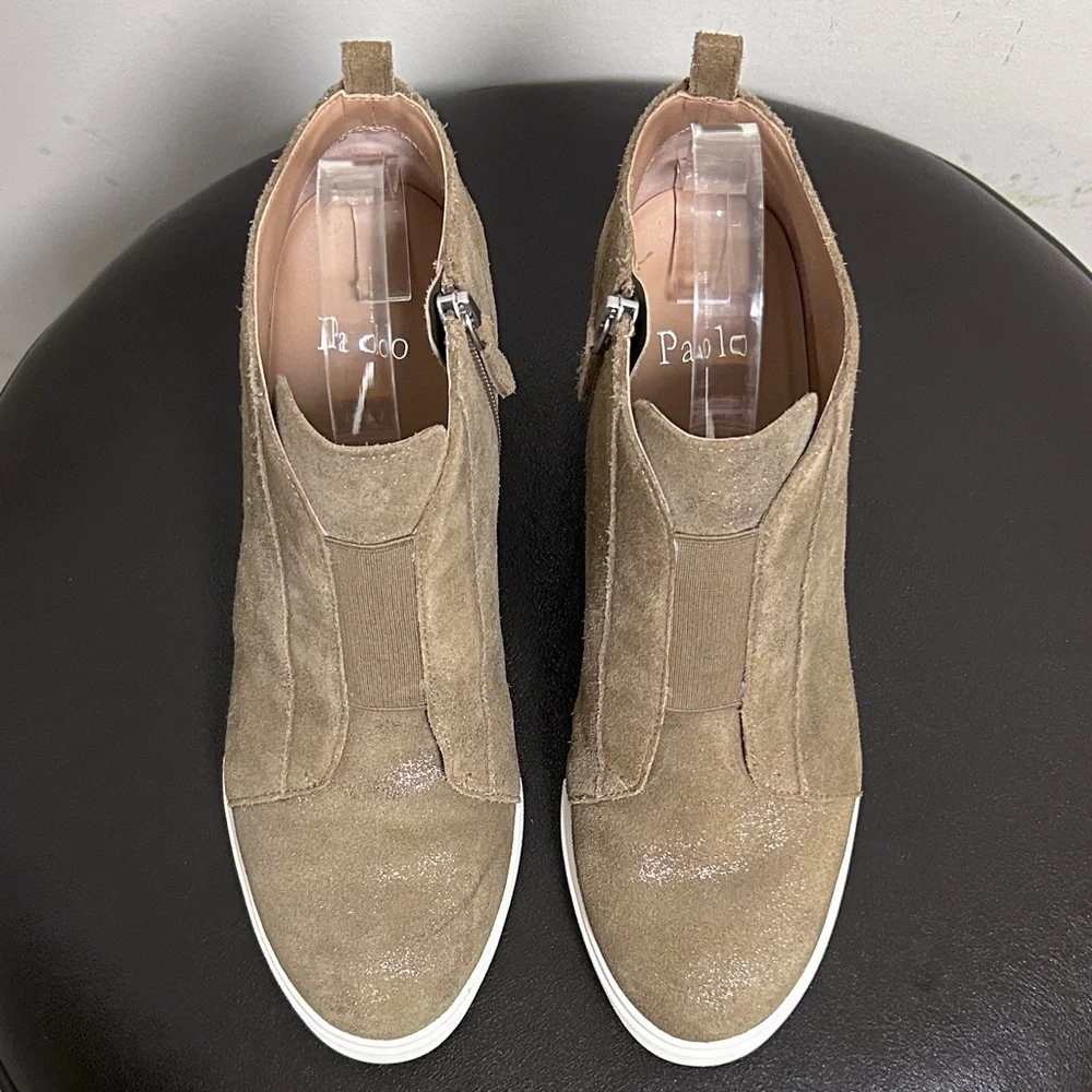 Linea Paolo Taupe Metallic Glitter Wedge Bootie Suede Leather Shoes 9M 9 M